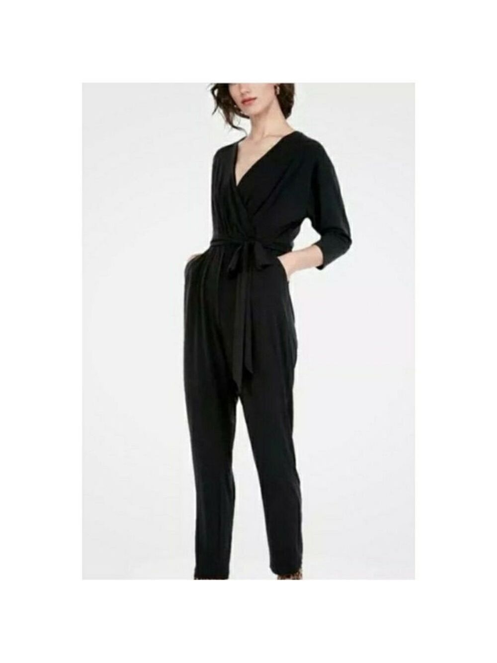 Express Black Belted Jumpsuit Small | V-Neck Straight Leg Office Siren Quiet Lux